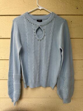 Ontwelfth Light Blue Knit Sweater
Rhinestone Neck Detail Bell Sleeves Soft